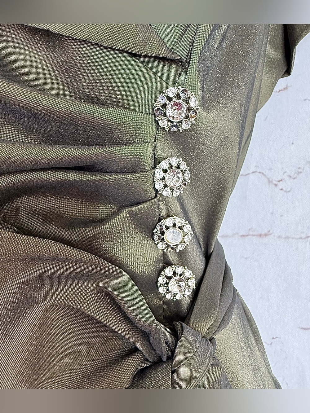 JULIAN TAYLOR Taffeta Vintage Olive Green Rhinestone Button Sz 14 Cocktail Dress - Picture 12 of 15